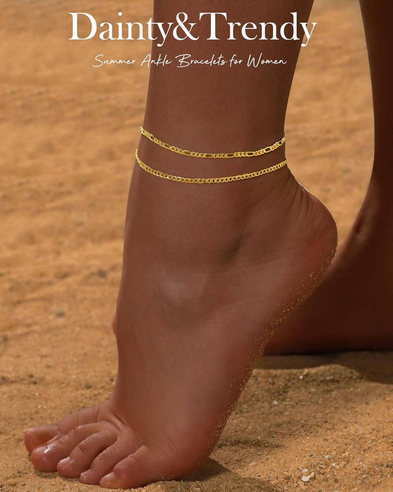 FUNEIA Gold Silver Ankle Bracelets for Women Waterproof 14K Gold Plated Anklets for Women Non Tarnish Dainty Layered Beaded Heart Anklet Set Summer Beach Foot Chain Jewelry Gifts Trendy Stuff - Image 1